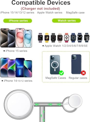 EWA 2-in-1 MagSafe Charging Stand for iPhone 16/15/14/13/12 & Apple Watch Series, SE, Ultral Ergonomic Viewing Angle, Non-Slip Base, Universal Compatibility (Chargers Not Included) – Black – Enhanced Compatibility and Speed