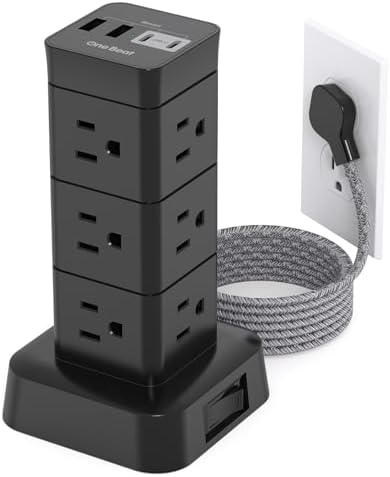 High-Performance Surge Protector Power Strip Tower with 12 Outlets and 4 USB Ports (2 USB-C) – Versatile Desktop Charging Station for Home Office and College Dorms, 6 Ft Flat Plug Extension Cord, Space-Saving Design for Enhanced Device Connectivity and Safety