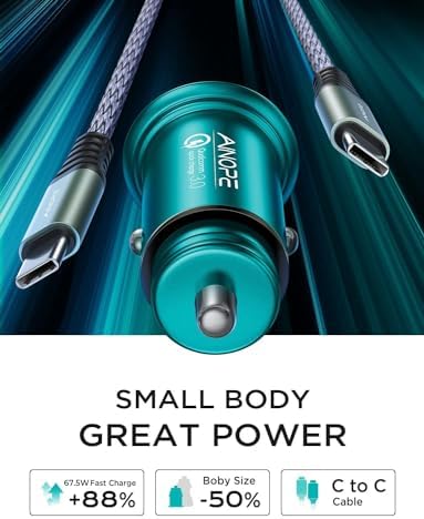 Compact AINOPE 67.5 W USB-C Car Charger – Fast Charging Dual Port QC3.0 Adapter for i Phone 16 & Samsung Galaxy – Mini Cigarette Lighter Accessory in Stylish Purple for Efficient On-the-Go Power Solutions