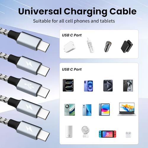 Ultra-Fast 240 W 4-in-1 USB C Charging Cable with Breathing Light Indicator – Multi-Device Compatibility for i Phone, i Pad, Samsung Galaxy, and Mac Book – 5 Ft Durable Cord in Stylish Purple for Efficient Data Sync and Enhanced Charging Performance