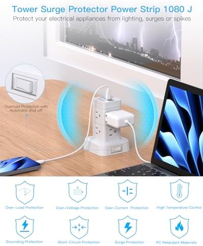 Elevate Your Charging Efficiency with the One Beat Tower Surge Protector Power Strip – 10 ft Long Flat Extension Cord with 8 AC Outlets & 4 USB Ports for Seamless Device Management in Home, Office, or College Dorm – Built-in Surge Protection for Unmatched Safety & Convenience