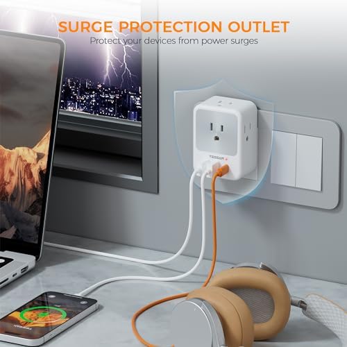 TESSAN Surge Protector Wall Outlet Extender with 3 AC Ports & 3 USB Charging Blocks (Including USB-C) – Multi Plug Wall Charger for Enhanced Device Connectivity in Home, Office, Dorm & School – Fast Charging & Compact Design for Ultimate Convenience