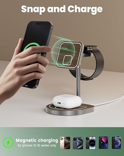 Innovative 3-Point Power 3-in-1 Charging Station for Apple Devices – Sleek Aluminum Alloy Magnetic Wireless Charger Stand with Mini Basketball & Hoop, Perfect for i Phone 16/15/14/13/12, 5 W Apple Watch & Air Pods Charging, Compact Black Design for Enhanced Speed and Style