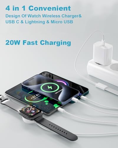 Revolutionize Your Charging Experience with the 4 in 2 Dual-Use Multi Charging Cable – Effortless Fast Charging for Apple Watch & i Phone! Compatible with Apple Watch Series 9/8/7/6/5/SE/Ultra, i Phone 15/14/13/12/11/X/SE, and i Pads – 4 FT Length for Ultimate Flexibility & Durability – The Perfect Travel Charger for On-the-Go Convenience! Experience Lightning-Quick Charge Technology to Reduce Downtime and Keep Your Devices Powered Anytime, Anywhere – Designed for Maximum Efficiency and Versatility, This Cable Simplifies Your Charging Routine with Its Robust Build and Universal Compatibility, Making It an Essential Accessory for Tech Enthusiasts.