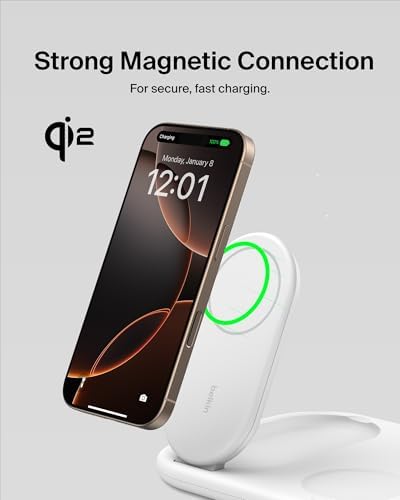 Revolutionize Your Charging Experience with the Belkin 2-in-1 Magnetic Foldable Charger – 15 W Qi2-Certified Wireless Power for Apple i Phone 16 & Samsung Galaxy S25 with Non-Slip Stability – Sleek White Design for Home, Office & Travel – PSU Included for Instant Use and Enhanced Device Compatibility