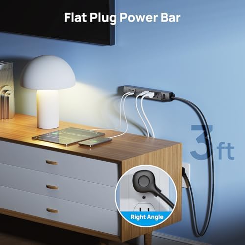 Ultra-Slim TROND Surge Protector Power Strip with 3 USB Ports & Type C – 4 AC Outlets for Maximum Device Protection & Charging Speed – 1440 J Surge Defense, ETL Listed, Space-Saving Wall Mount Design for Home Office & Dorm Use – Versatile Power Management Solution in Elegant Black