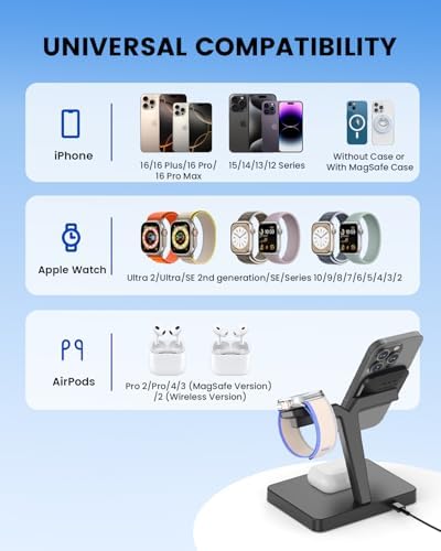 Ultimate 3-in-1 Foldable Wireless Charging Station for i Phone, Apple Watch, and Air Pods – Fast Magnetic Charger Stand with Enhanced Compatibility for i Phone 16-12, Apple Watch Series 9-2, Air Pods Pro & More – Stylish and Portable Power Solution for Home and Travel