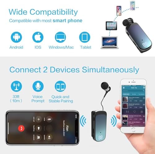 Advanced Retractable Bluetooth V5.0 Earbuds – Premium Noise Cancelling Wireless Headset for Professionals and Athletes, 20-Hour Battery Life, Ergonomic Hands-Free Design, Ideal for Truckers and Drivers, Unmatched Sound Clarity and Portability