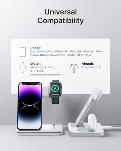 Intoval 3-in-1 Wireless Charging Station for Apple Devices – Fast Charging Hub Compatible with i Phone 15/14/13, Apple Watch Series 9/8/Ultra/7/6/SE, and Air Pods Pro – Sleek Z5 White Design for Efficient Desk Organization and Enhanced Compatibility