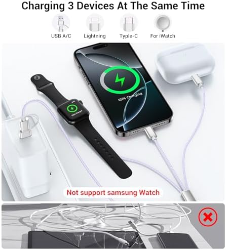 Temdan 3-in-2 USB C Charging Cable: Versatile Multi-Device Charger for Apple Watch Ultra, SE & i Phone 12-16 – Rapid Charge, Compact Travel Essential – Stylish Pink Smartwatch Accessory for On-the-Go Power Solutions