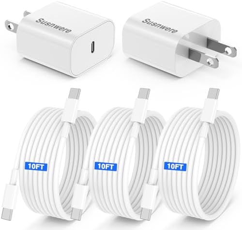 Ultimate 20 W Fast Charging Solution: 10 Ft i Phone 15 Charger with 3 Durable USB-C Cables & Dual Wall Adapters – Compatible with i Phone 15/15 Pro/Pro Max, i Pad Pro, Air Pods, and Samsung Devices for Rapid Power-Up and On-the-Go Convenience