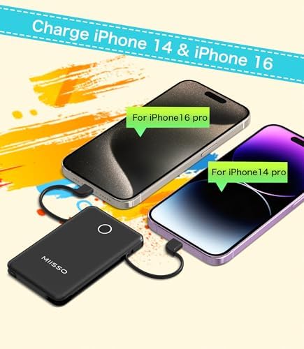 Ultra Slim 6000 m Ah Power Bank with Built-In USB C Cords – Card-Sized Portable Charger for Effortless On-the-Go Charging, Triple Output for i Phone, Samsung, Google Devices – Stylish and Compact Battery Pack for Enhanced Efficiency and Versatility