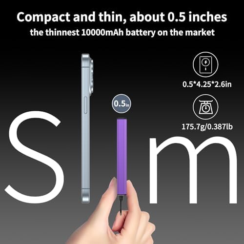 Ultra-Slim Magnetic Power Bank – 10,000 m Ah Portable Charger with Built-In Cable for i Phone 15/14/13/12 – Fast 20 W USB-C Two-Way Charging, Lightweight & Compact Design in Stylish Gray – Essential Travel Power Solution