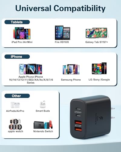 Dual-Pack 40 W USB C Charger Block – Fast Charging Power Adapter with 4 Ports for i Phone, Samsung, and i Pad – High-Speed Multi-Device Charging Solution with Enhanced Compatibility and Portability – Perfect for Home, Office, and Travel