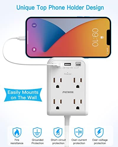 Maximize Power Efficiency with 6 ft Flat Electrical Outlet Extender – 4 Outlets & 3 USB-C Ports, Space-Saving Surge Protector for Home & Office, Rapid Device Charging Power Hub, Sleek White Design