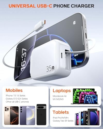 Compact 35 W Retractable USB C Wall Charger with Extendable Cable – Fast Charging Solution for i Phone 16, Galaxy S24/S25, Perfect for Home, Office, and Travel – Tangle-Free Design with Enhanced Compatibility and Durability