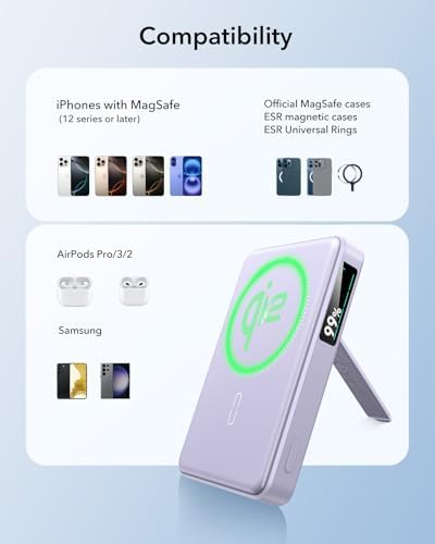 ESR Mag Safe 10,000 m Ah Portable Charger with Kickstand – Qi2 Certified 15 W Fast Charging Power Bank for i Phone 16/15/14/13/12 – Sleek Black Design with LED Display & 27 W USB-C Output for Effortless Charging On-the-Go