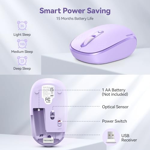 TECKNET 2.4 GHz Wireless Mouse – Ultra-Quiet & Portable Computer Companion with Adjustable DPI, USB Receiver, and Ergonomic Design for Seamless Use Across Chromebook, Laptop, PC & Mac – Enhance Productivity Effortlessly