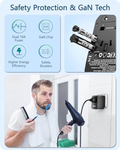 LENCENT 70 W Universal Travel Adapter – High-Efficiency Ga N Fast Charger with Triple PD3.0 Type-C Ports & Dual QC USB-A Outlets for Global Power Needs – Compact Power Converter Compatible with EU, USA, UK, AU Devices – Perfect for Laptops, Phones & Tablets on the Go