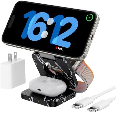 X55 Magnetic Foldable 3-in-1 Charging Station for Apple Devices – 15 W Fast Wireless Charger for i Phone 16, 15, 14, 13, 12 Series, 5 W Apple Watch Power Station, Portable Air Pods Charging Stand – Sleek Black Design for Travel and Home Use