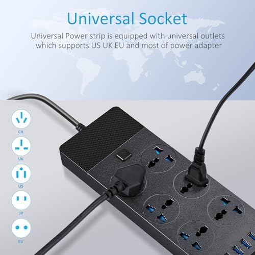 Jumpso 3000 W Universal Power Adapter with 4 Fast-Charging USB Ports (1 USB-C) – 6 ft Heavy-Duty Extension Cord for Global Travel & Home Office Use – Versatile Power Strip with International Outlets, Safe Overload Protection, and Sleek Design for Effortless Device Connectivity