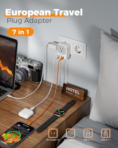 TESSAN Universal European Travel Power Adapter – 3 High-Speed USB Ports (2 USB-C) & 4 AC Outlets for Seamless Device Charging Across France, Germany, Spain, Greece & More – Compact Multi-Port Solution for Global Travelers – Ultimate Type E/F Plug Converter for Efficient Connectivity