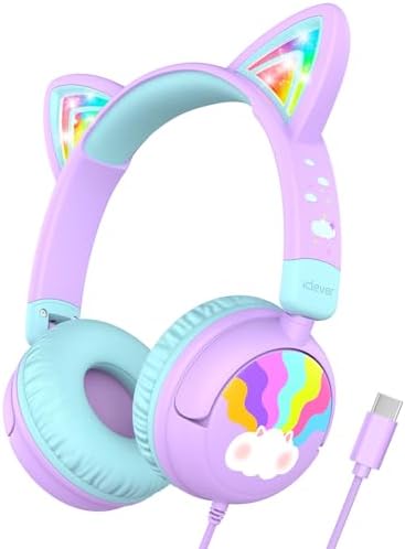 Colorful LED Cat Headphones for Kids – Safe 85 d B Volume Limit, USB-C Compatible, Perfect for Travel & Learning, Premium Stereo Sound for Tablets & i Pads, Durable & Stylish Design