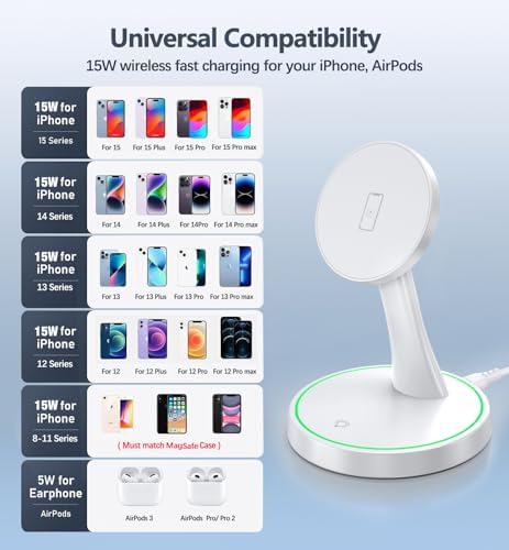 Efficient Magnetic Wireless Charging Stand – 15 W Fast Mag Safe Charger for i Phone 16 Series & Earlier, Sleep-Friendly Indicator Light, Sleek Design, Enhanced Compatibility & Quick Charge for Air Pods – Ultimate Cordless Convenience