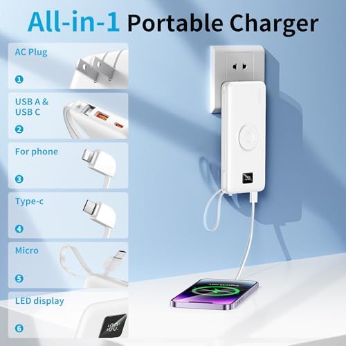Revolutionize Your Charging Experience with ANOUV 10,000 m Ah Portable Power Bank – Built-in Cables & AC Plug for Fast, On-the-Go USB-C Charging, Compatible with i Phones and All Smart Devices – LED Display for Real-Time Battery Monitoring – The Ultimate Travel Essential for Efficiency and Convenience