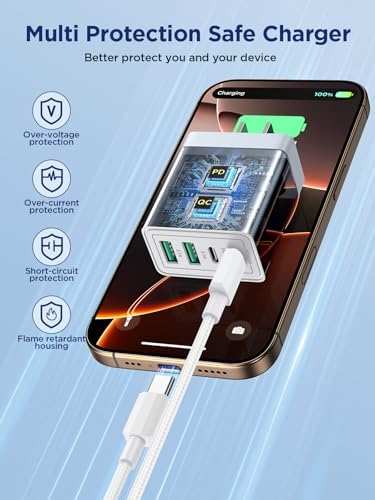 Aioneus 40 W USB C Fast Charging Block – 4-Port Dual PD & QC Wall Charger for i Phone 11-16, i Pad & Samsung Devices – Compact, High-Performance Power Adapter with Enhanced Safety Features for Home & Travel