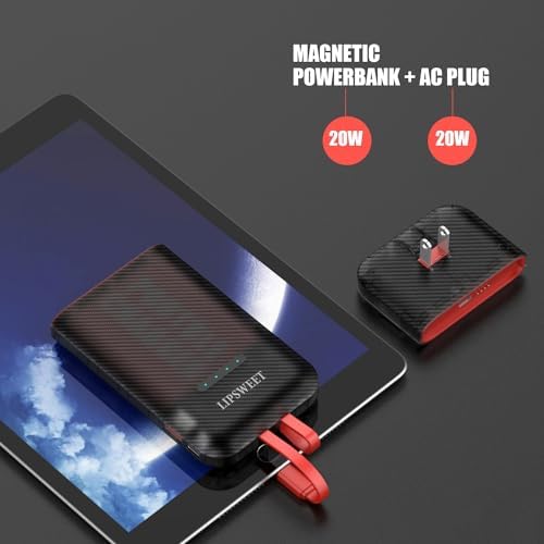 20 W USB-C Portable Power Bank – Ultra-Fast Charging External Battery Pack with 5 Outputs & Built-in Cable for i Phone & Android Devices – Sleek Black Design with AC Wall Plug for Instant Recharging – Perfect for On-the-Go Charging Needs