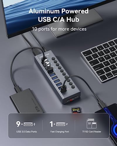 WENTER 10-Port USB Hub 3.0 with SD/TF Card Reader – Premium Aluminum Fast Charging Hub for High-Speed Data Transfer and Ultimate Device Connectivity – Perfect for PCs, Laptops, and Multitaskers