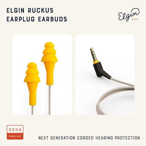 Elgin Ruckus+ OSHA Compliant Earplug Earbuds – 25 d B Noise Reduction Wired Headphones with Built-in Mic for Clear Communication – Sweatproof Design for Construction & Industrial Use – Enhanced Device Compatibility for Seamless Connectivity and Comfort
