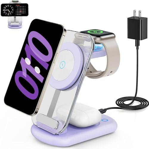 2025 Magnetic 3-in-1 Wireless Charging Station for i Phones, Apple Watches, and Air Pods – Fast Travel Charger with Integrated Light Indicator – Compact Design for Ultimate Portability – Perfect Gift for Tech-Savvy Couples – Compatible with i Phone 16, 15, 14, 13, 12 Pro Max Plus, Air Pods 4, 3, 2, Pro and Apple Watch Series – Enhance Your Charging Experience with Rapid Power-Up Technology