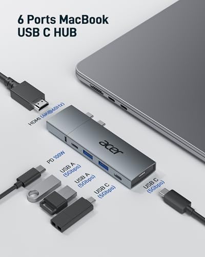 Acer USB C Hub for Mac Book Pro/Air M1 M2 M3 – Ultimate 6-in-2 Detachable Adapter with 4 K@60 Hz HDMI, Dual USB-A & USB-C 3.0 Ports, and 100 W PD Charging for Unmatched Multi-Device Connectivity and Enhanced Productivity Solutions