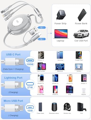 Versatile 3-in-1 Retractable Charging Cable for Ultimate Device Compatibility – 100 W Fast Charging USB-C, Lightning, and Micro USB for i Phone 16/15/14 Pro Max, Samsung Galaxy, Kindle – Portable Travel Charger with Sleek Black Design for Effortless Power on the Go