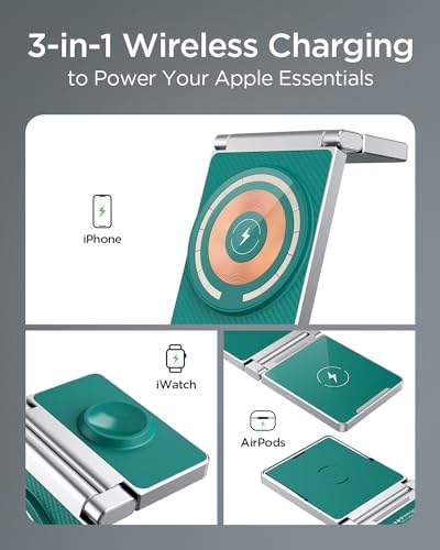 Hohosb Foldable 3-in-1 Magnetic Wireless Charger Station – Premium Zinc Alloy Design for i Phone 15/14/13/12, Air Pods Pro/3/2, and Apple Watch – Mag Safe Compatible, Fast Charging, and Travel-Friendly Solution for All Your Devices (Blue)