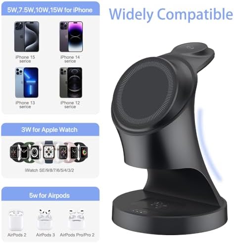 Magnetic 3-in-1 Wireless Charger Stand for i Phone 16/15/14/13/12, Apple Watch & Air Pods Pro – Fast Charging Dock with Intelligent Safety Features and Sleek Design for Effortless Device Organization