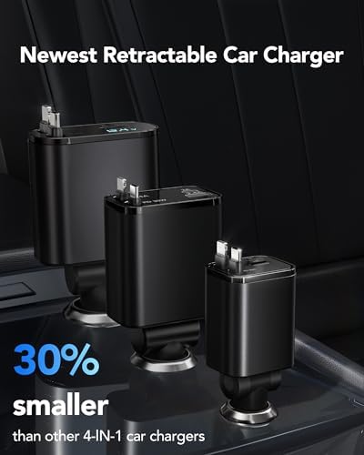 2025 Ultra-Compact 4-in-1 Retractable Car Charger – 69 W Fast Charging Adapter for i Phone 16, Galaxy and More – Innovative Space-Saving Design with Multiple Ports for Simultaneous Device Powering – Essential Car Accessory for Daily Commutes and Road Trips