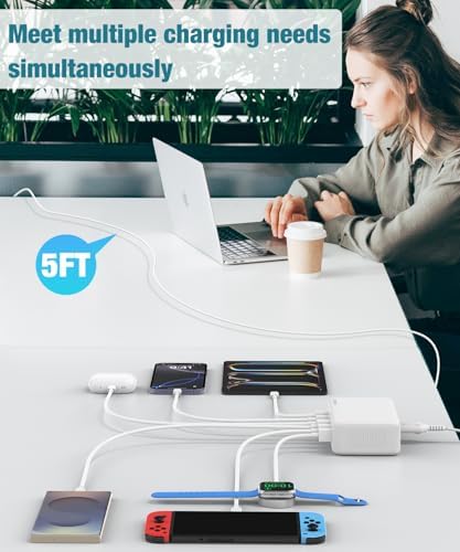 100 W Ga N Fast USB C Charging Station Hub – 6-Port Wall Charger for i Phone 16-11 Pro Max, i Pad, Pixel, and Samsung Galaxy S25-S24 – Includes 5 FT Cord for Enhanced Compatibility and Rapid Charging – Ideal Multi-Device Power Adapter for Home and Travel