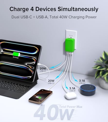 Elevate Your Charging Game with the 2 Pack Flat USB C Charger Block – 40 W Fast Charge Hub for i Phone 12-16, i Pad & Samsung Devices, Featuring 4 Ports for Simultaneous Power Delivery & Quick Charge, Sleek Light Blue Travel-Friendly Design Ideal for Home & On-the-Go Use