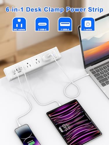 Ultimate Nightstand Charging Station with 4 Ultra-Fast USB-C Ports & 2 QC 3.0 USB-A Ports, 3 AC Outlets – Desk Edge Mount Power Strip with Advanced Surge Protection for Home Office & Bedroom (Sleek Black Finish) – Elevate Your Charging Efficiency and Style