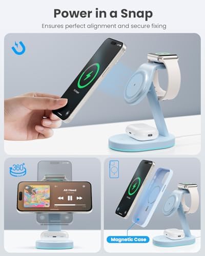 Ultimate 3-in-1 Wireless Charging Station for i Phone, Apple Watch, and Air Pods – Qi2 Certified 15 W Magnetic Charger with 30 W USB-C Adapter & Integrated Night Light – Streamlined Design for i Phone 16/15/14/13/12 – Superior Speed and Enhanced Compatibility for Modern Tech Users