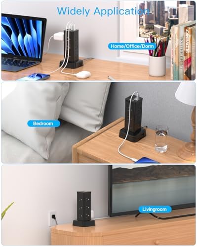 High-Performance Surge Protector Power Strip Tower with 12 Outlets and 4 USB Ports (2 USB-C) – Versatile Desktop Charging Station for Home Office and College Dorms, 6 Ft Flat Plug Extension Cord, Space-Saving Design for Enhanced Device Connectivity and Safety