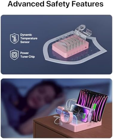 Soo Pii Elegant Pink 6-Port USB Charging Station Organizer – Fast Multi-Device Charging Hub with 6 High-Speed Cables and i-Watch Holder – Ultimate Solution for Neat Workspaces and Efficient Device Management