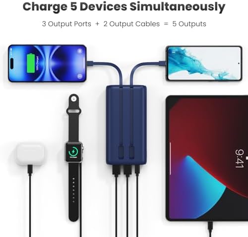 Ultra-High Capacity 40800 m Ah Portable Charger with Built-In Cables – 25 W PD USB C Fast Charging Power Bank – 5 Outputs & Dual Input for i Phone 16/15/14/13 & Samsung S23 – Stylish Pink Design for On-the-Go Charging Solutions