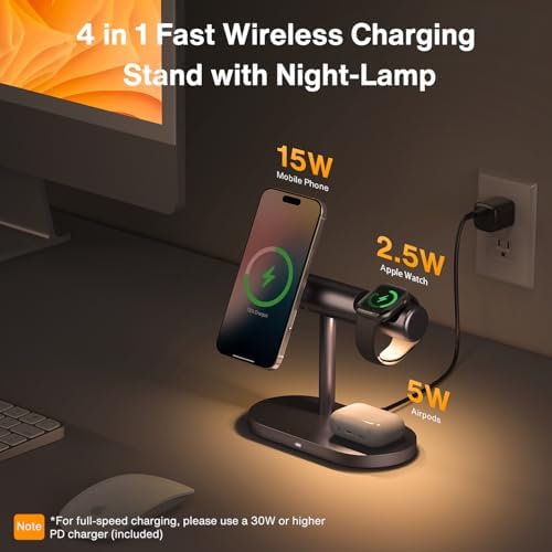 IVANKY Qi2 Certified 4-in-1 Wireless Charging Stand with Adjustable Nightstand Light – Fast Charge for i Phone 16/15/14, Apple Watch, and Air Pods – Sleek Design with Enhanced Safety Features and Magnetic Stability for Tangle-Free Convenience