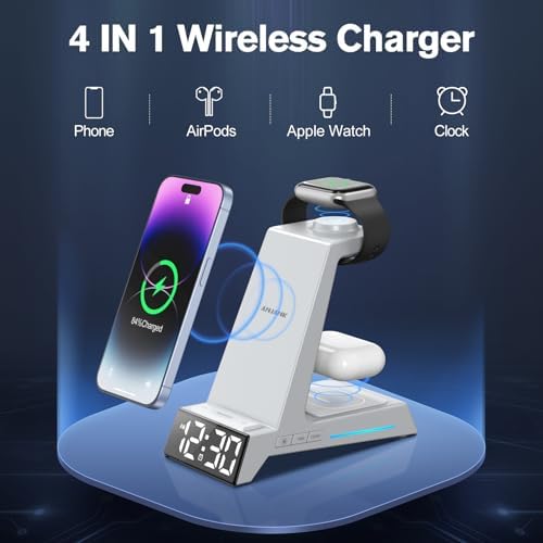 Revolutionize Your Charging Routine with the 4-in-1 Wireless Charging Station Featuring Alarm Clock – Ideal Dock for i Phone 16, 15, 14, 13, 12, 11, X, 8, Air Pods 3/Pro & Apple Watch Series 9-2 – Ultimate Speed & Compatibility for Modern Devices
