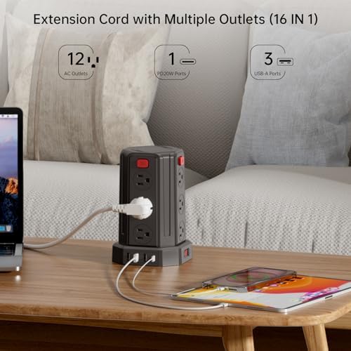 SMALLRT Power Tower Surge Protector – 10 Ft Extension Cord with 12 AC Outlets & 4 USB Ports (1 USB-C) – Ultimate Charging Station for Home & Office – Enhanced Device Compatibility & Safety