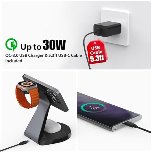 Revolutionize Your Charging Routine with the 3-in-1 Magnetic Wireless Charging Station for Apple Devices – Fast Mag-Safe Dock for i Phone 16/15/14/13, Air Pods, and Apple Watch – Compact, Sleek Design for Effortless Use and Optimal Speed – White Finish for Modern Aesthetics